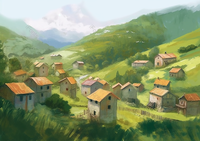 春意盎然春天里的油画山里村庄手绘插画背景,插画/手绘图,插画/手绘图库,插画/手绘图下载,插画/手绘